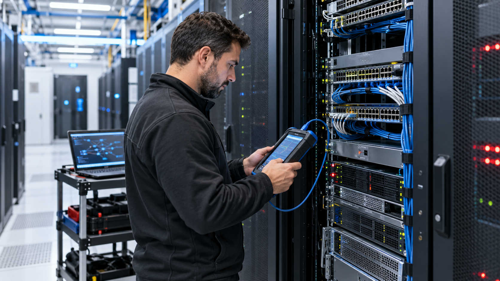 Engineer assessing network equipment during a vulnerability review